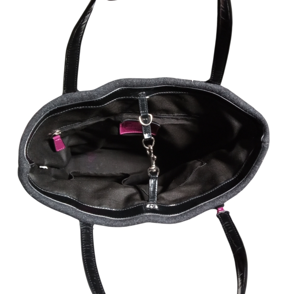 Coach Wool Shoulder Bag Black Purple Tote Leather Trim Bow Accent Winter Purse - Picture 8 of 8